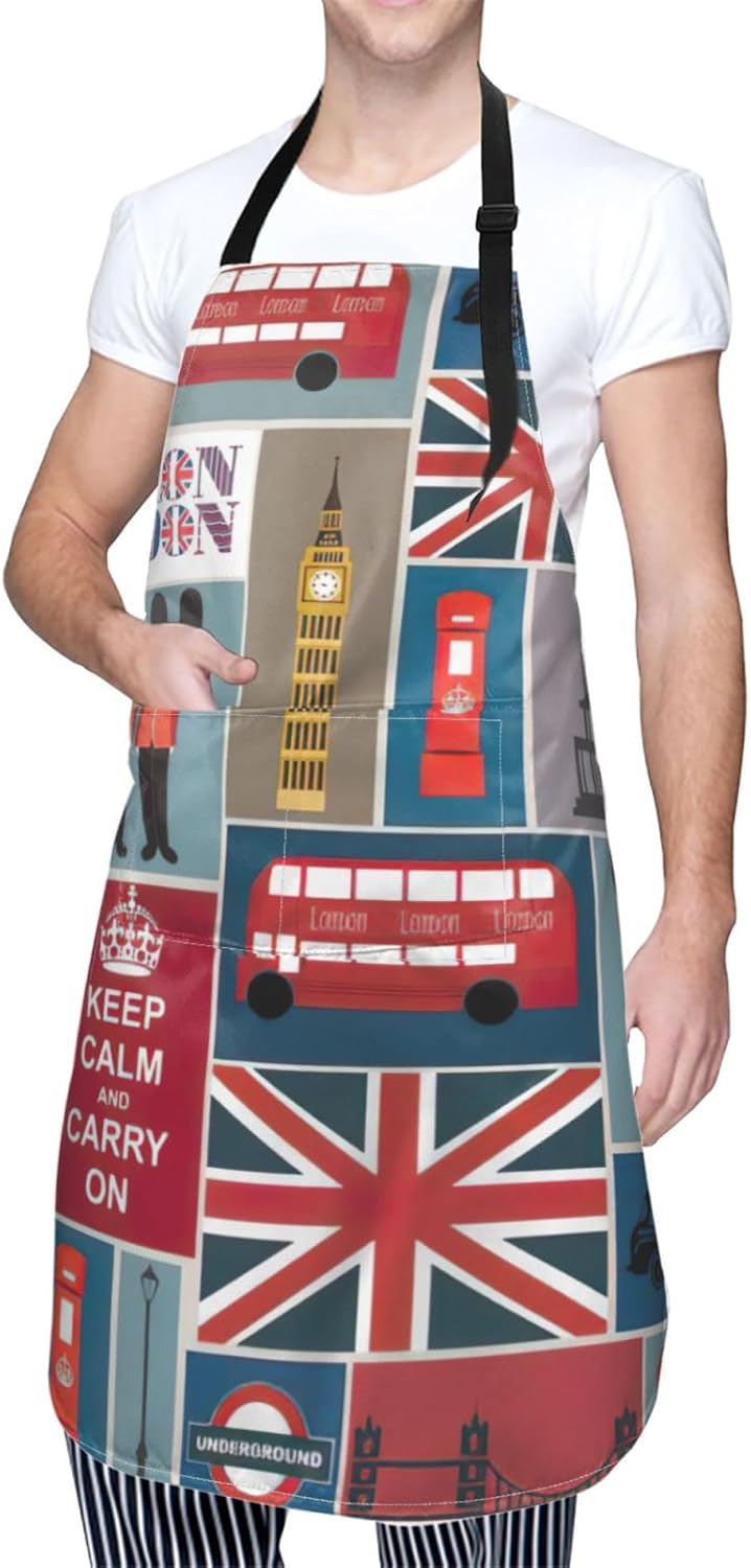 England Symbols Print 28x33 In Adult Kitchen Apron with Pockets Versatile Chef Smock for Cooking Baking