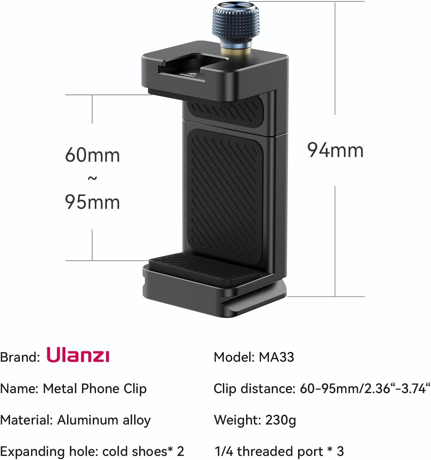 ULANZI MA33 Metal Phone Tripod Mount with Arca Port & 2 Cold Shoes, 360° Adjustable Smartphone Tripod Adapter Cell Phone Stand Holder Phone Clamp Suitable for iPhone 15 pro/14/13/12/Samsung