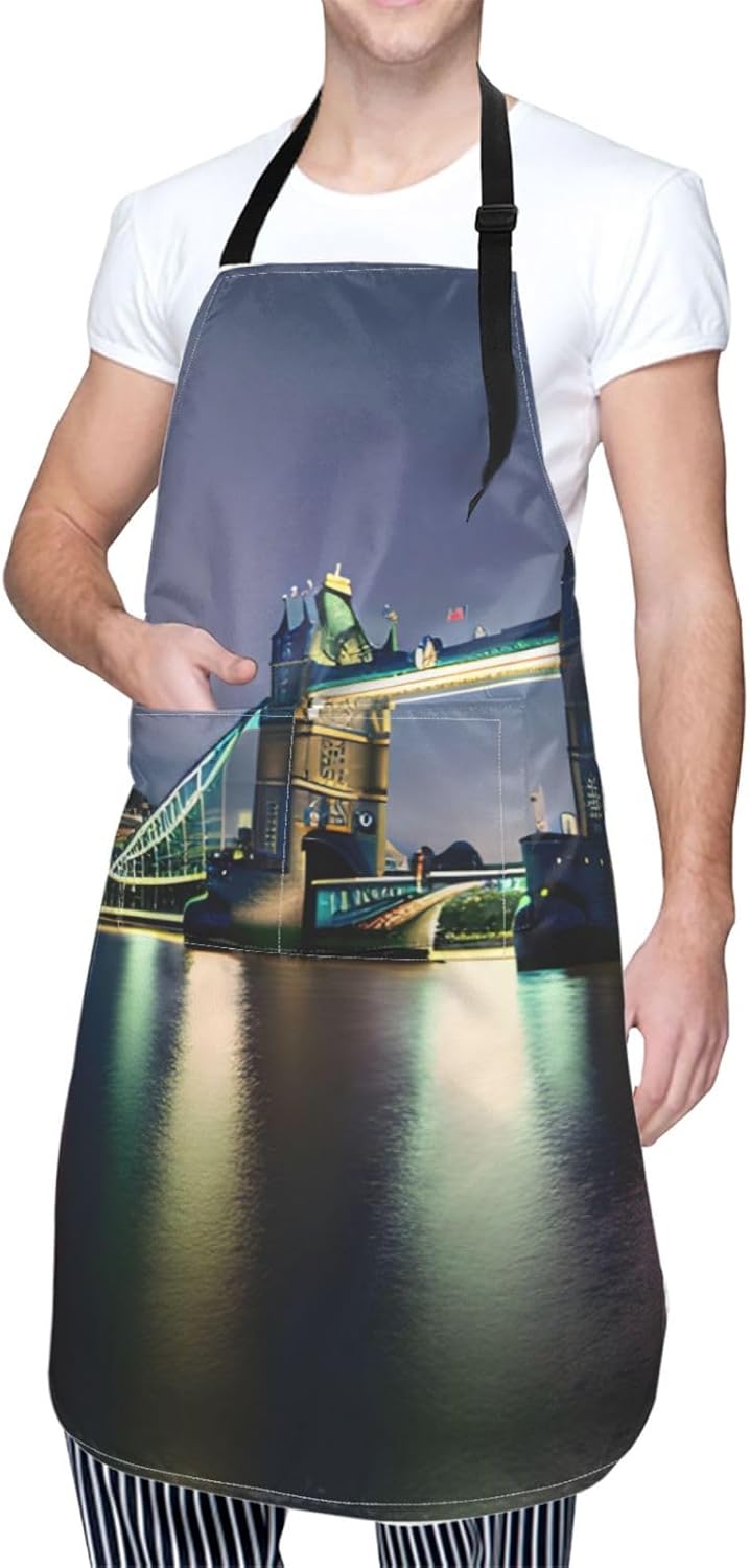Night London Tower Bridge print Waterproof chef's apron with pocket apron for kitchen cooking baking barbecue and gardening