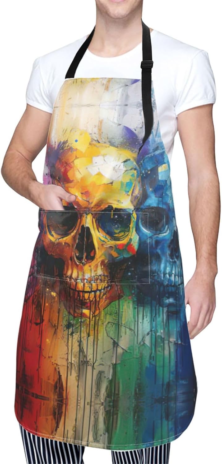 color skulls print Waterproof chef's apron with pocket apron for kitchen cooking baking barbecue and gardening