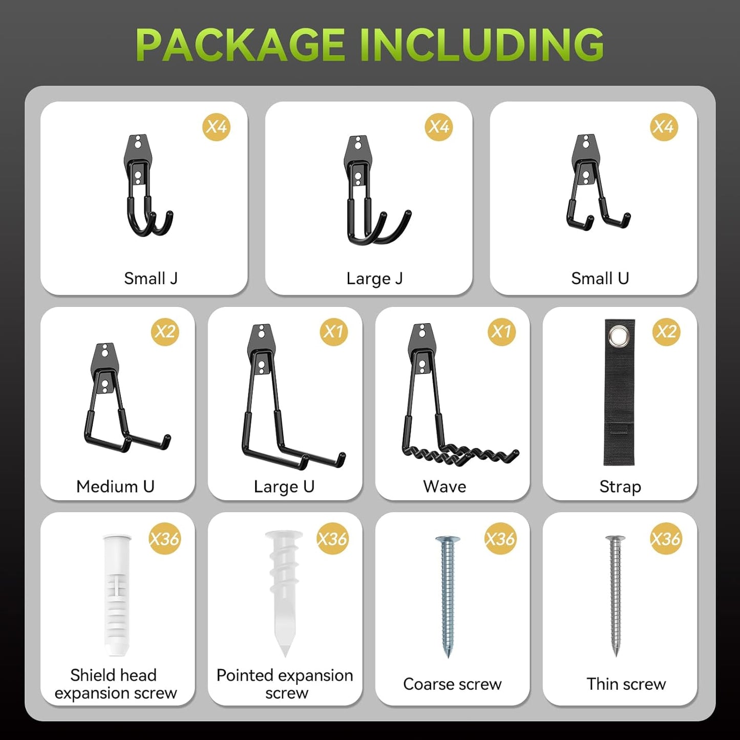 18 Pack Garage Hooks Heavy Duty, Utility Steel Garage Storage Hooks, Garage Organization System with Anti-Slip Wall Mount Hangers for Hanging Bike, Ladder, Garden Tools (Black)