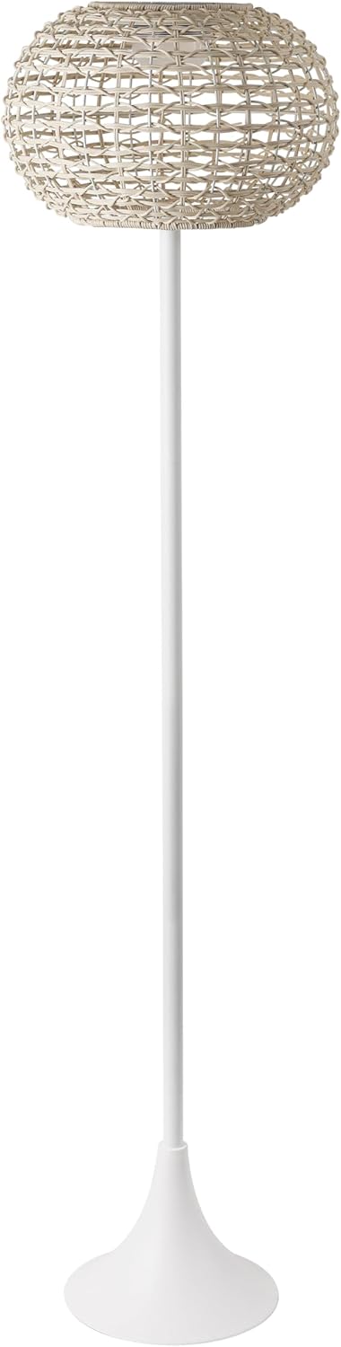JONATHAN Y 58" White/Cream Modern Outdoor Solar Floor Lamp, Waterproof LED Standing Light for Patio, Deck, Porch, Faux Rattan Shade, USB-C Rechargeable, Coastal Decor (JYL2601B)