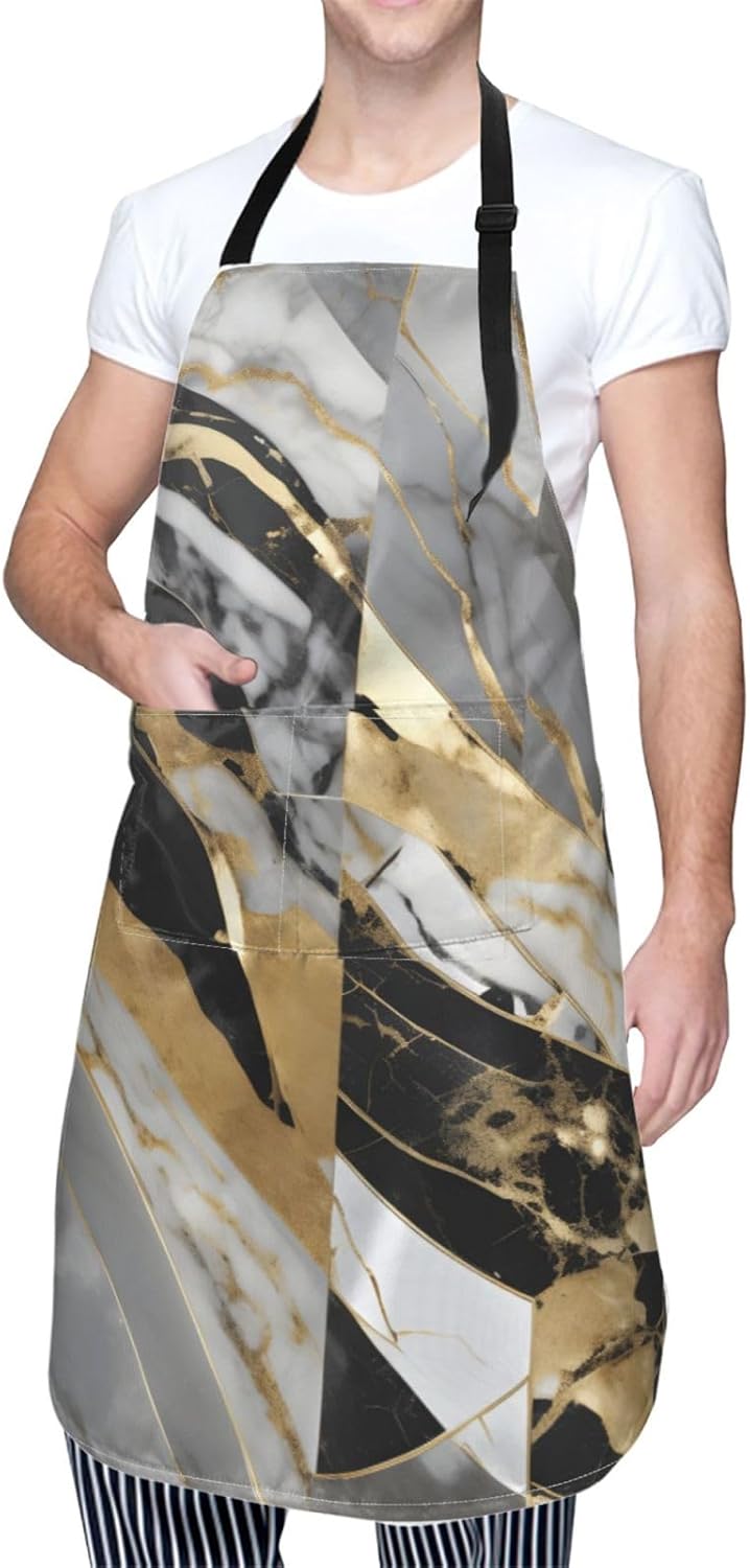 YANYU luxury Marble Print 28x33 In Kitchen Apron Stylish Chef Apron with Pockets for Cooking Baking Painting