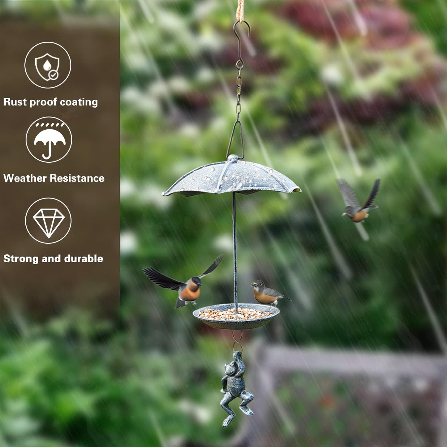 Sungmor Decorative Hanging Bird Feeder, Waterproof Cast Iron Bird Bath, Unique Vintage Green Lovely Frog Skydiving Design, An Excellent Addition to Any Garden Decor