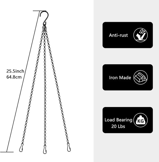 3 Pack 25.5 Inch Hanging Basket Chain, Black Hanging Chain with Hooks for Hanging Bird Feeders, Billboards, Chalkboards, Basket, Planters, Lanterns, Wind Chimes and Decorative, Indoor Outdoor Use
