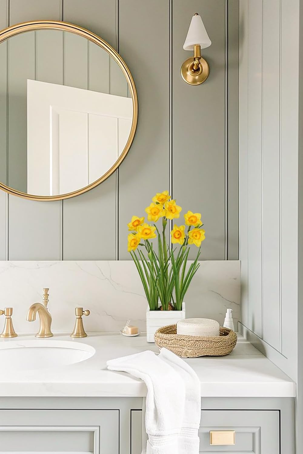 Yellow Daffodils Artificial Flowers In Wood Planter Pot, 15.7" Fake Potted Daffodils Plants Spring Floral Arrangements, Silk Daffodil Faux Spring Flowers for Living Room, Entryway, Bathroom Decor