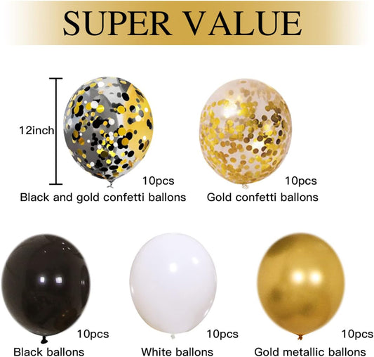 Zesliwy Black Gold Confetti Balloons 50 pack - 12 Inch Gold White and Black Confetti Balloons with Ribbons for Graduation Birthday Wedding Party Decorations
