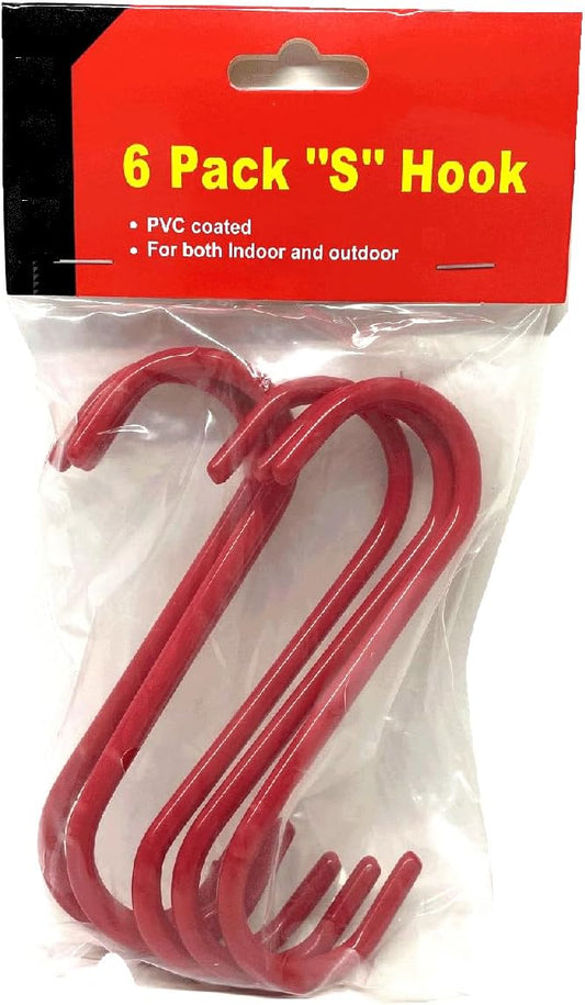 Red PVC Coated S Shape Utility Hook Set - Pack of 6, 5 inches Length,