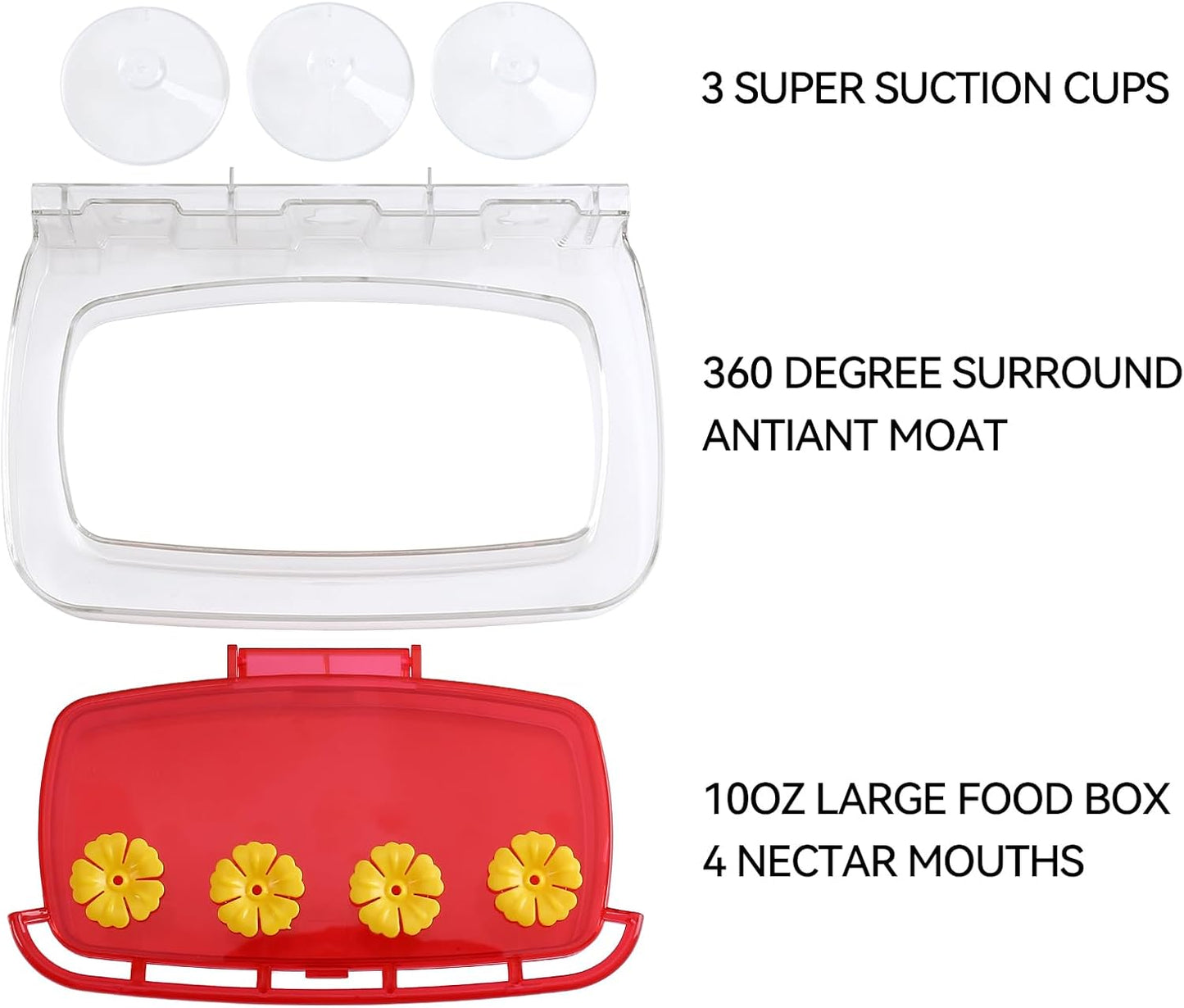 Window Hummingbird Feeder with Strong Suction Cup, Plastic Hummingbird Feeders for Outdoors, Built-in Moat,Easy to Clean and Refil (10oz) (1, Red)