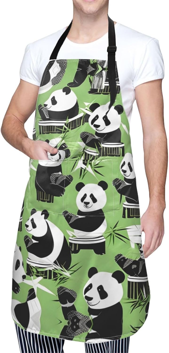 Panda bamboo print Waterproof chef's apron with pocket apron for kitchen cooking baking barbecue and gardening