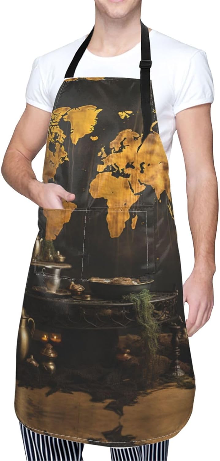 Rust World Map print Waterproof apron with pocket adjustable cooking apron for adult kitchen bibs to bake