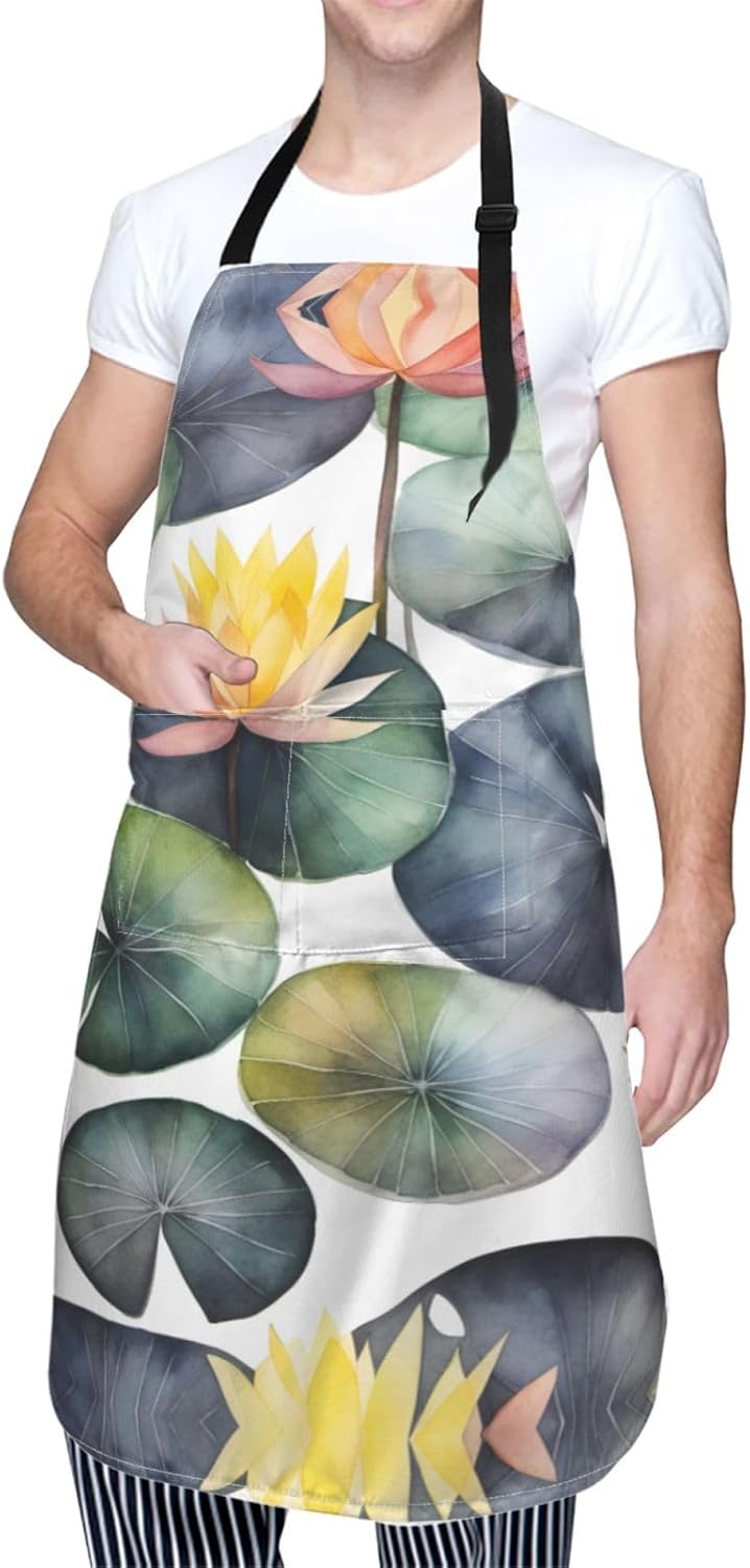 Black Lily Pads 1 print Waterproof chef's apron with pocket apron for kitchen cooking baking barbecue and gardening