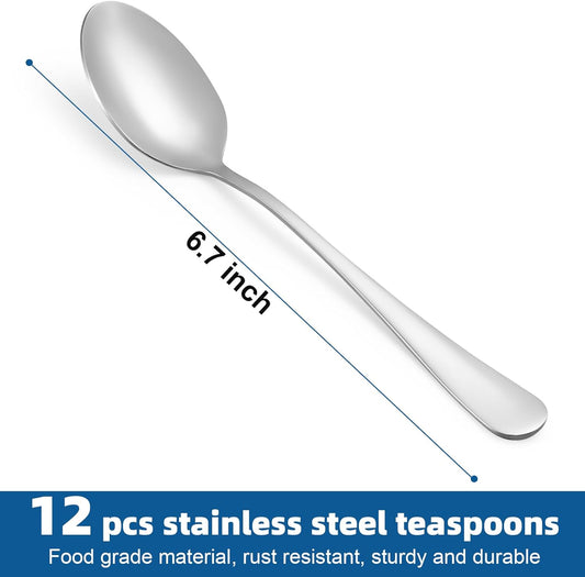 12 Pcs Teaspoons Set, Food-Grade Stainless Steel Spoons Silverware, Cutlery Tea Spoons, Durable Dessert Spoons, Metal Spoon for Home, Kitchen or Restaurant, Mirror Polished, Dishwasher Safe 6.7 Inch