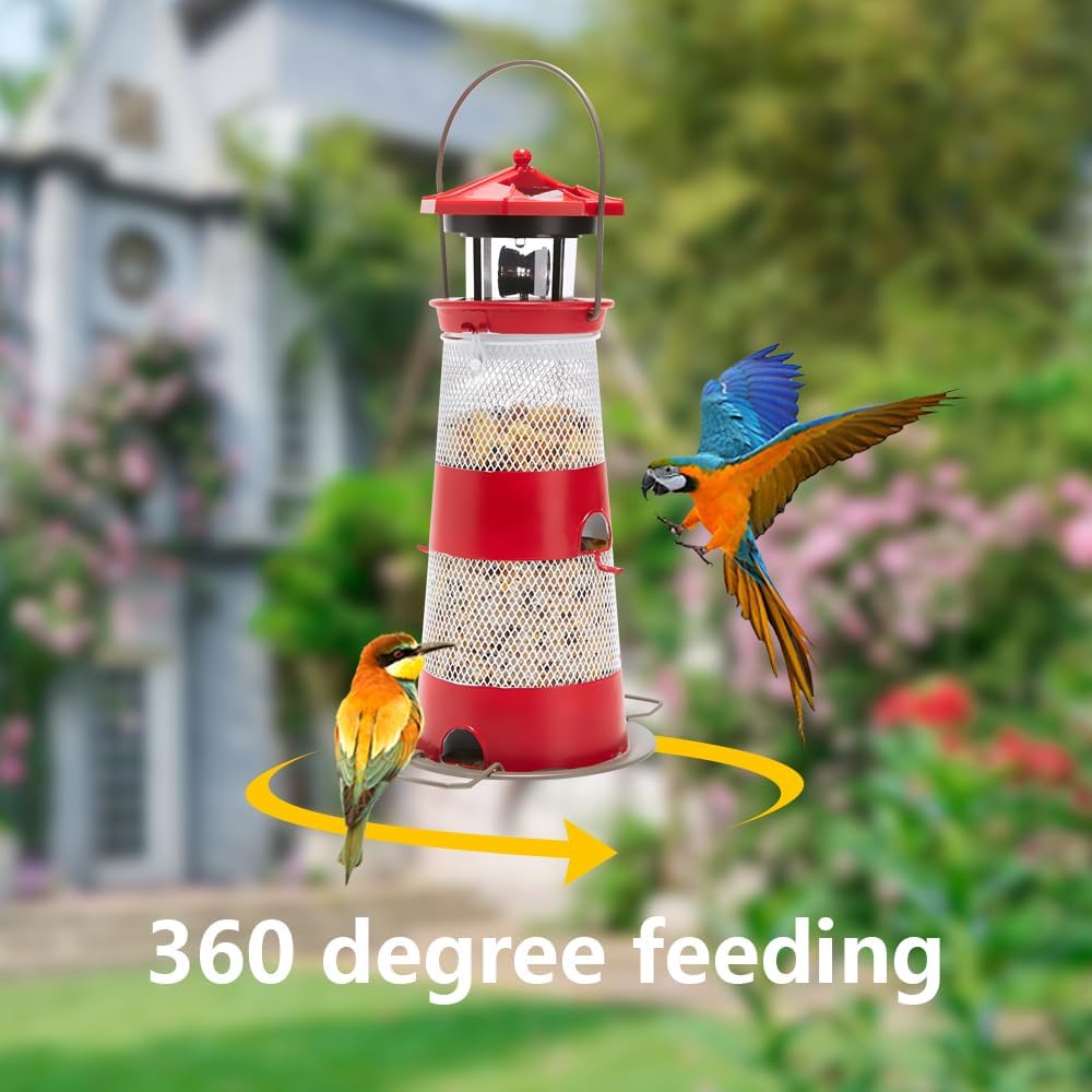 Solar Bird Feeder Lighthouse Hanging Outdoor Birdfeeder Garden Lantern Waterproof LED Lights Backyard Décor Patio Gifts for Bird Lovers (B-Lighthouse, Red)
