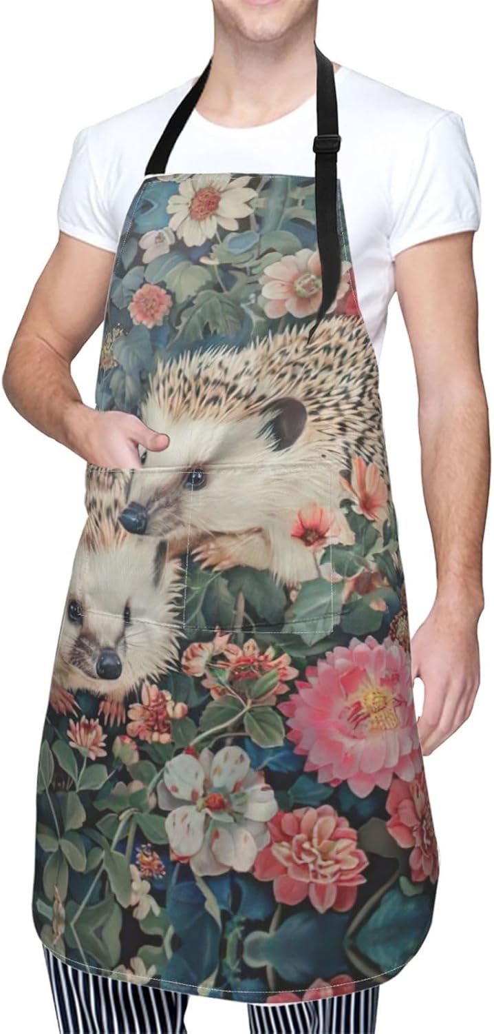 Floral Hedgehogs Print Laundry apron 28x33 In Waterproof Kitchen Apron