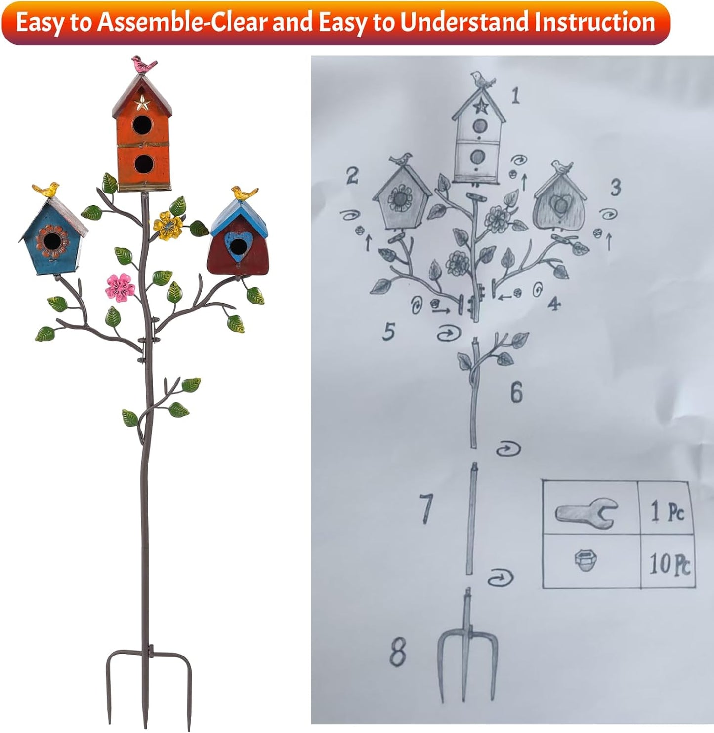 Multi-Bird Houses for Outside with Pole, Durable Colorful Birdhouse on Stake, Easy Clear, Metal Bird Houses for Outside