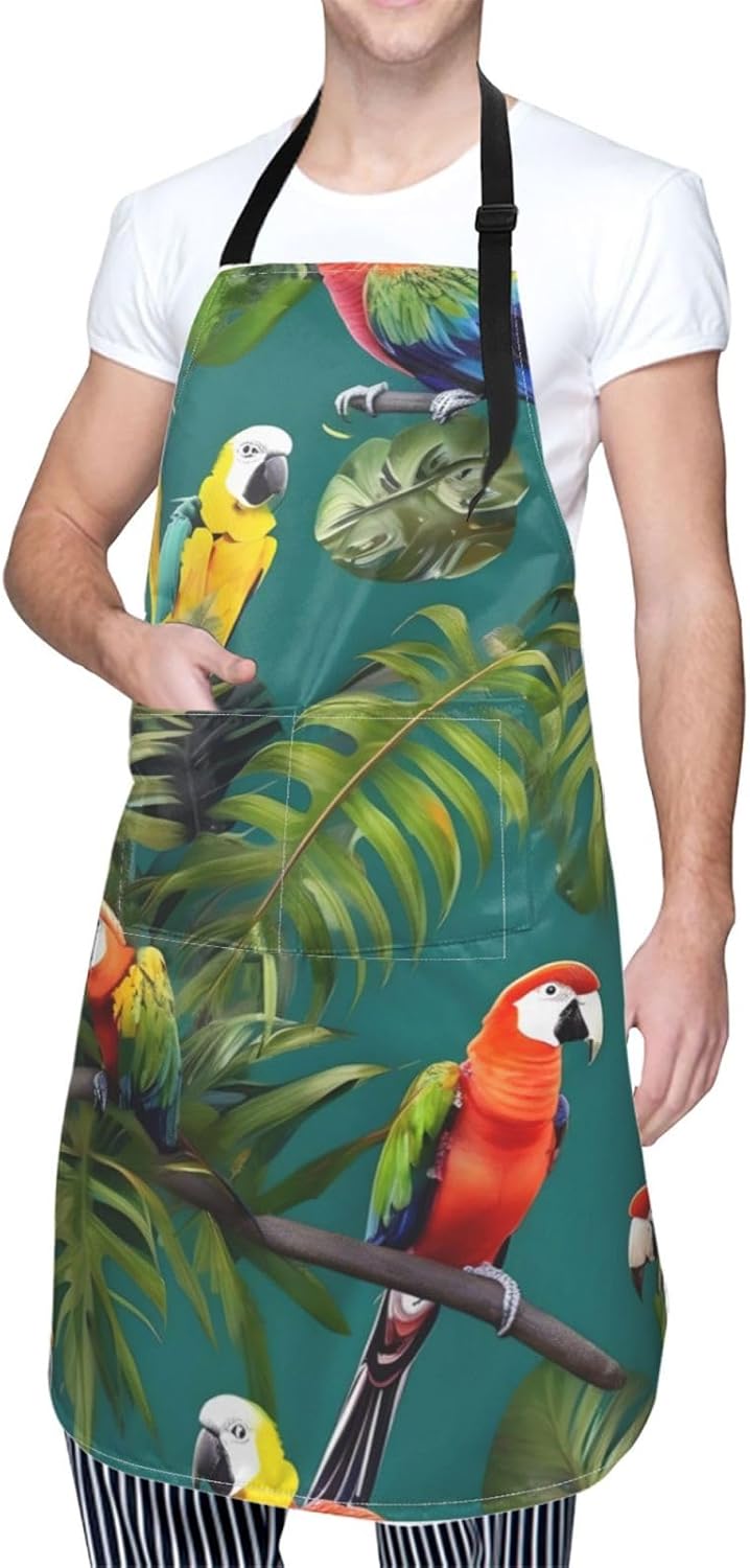 Tropical plants and parrots print Waterproof apron with pocket adjustable cooking apron for adult kitchen bibs to bake