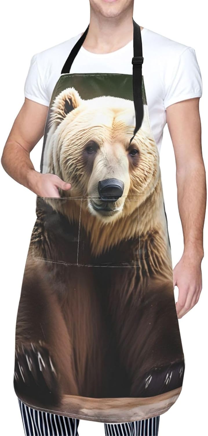 White bear brown bear print Waterproof chef's apron with pocket apron for kitchen cooking baking barbecue and gardening