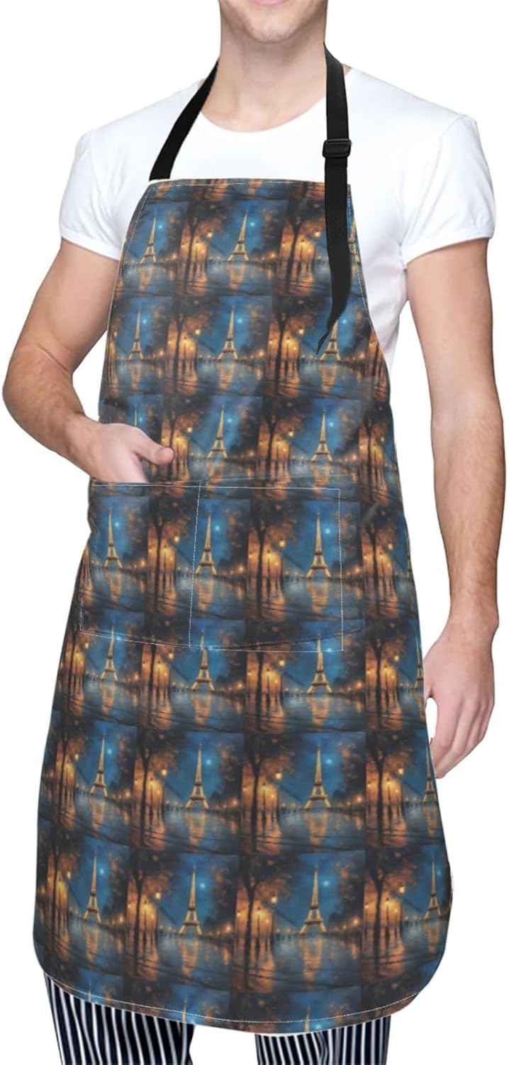 YANYU Night Paris Eiffel Tower Print 28x33 In Kitchen Apron Stylish Chef Apron with Pockets for Cooking Baking Painting