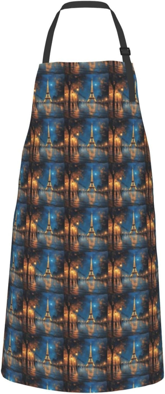 YANYU Night Paris Eiffel Tower Print 28x33 In Kitchen Apron Stylish Chef Apron with Pockets for Cooking Baking Painting