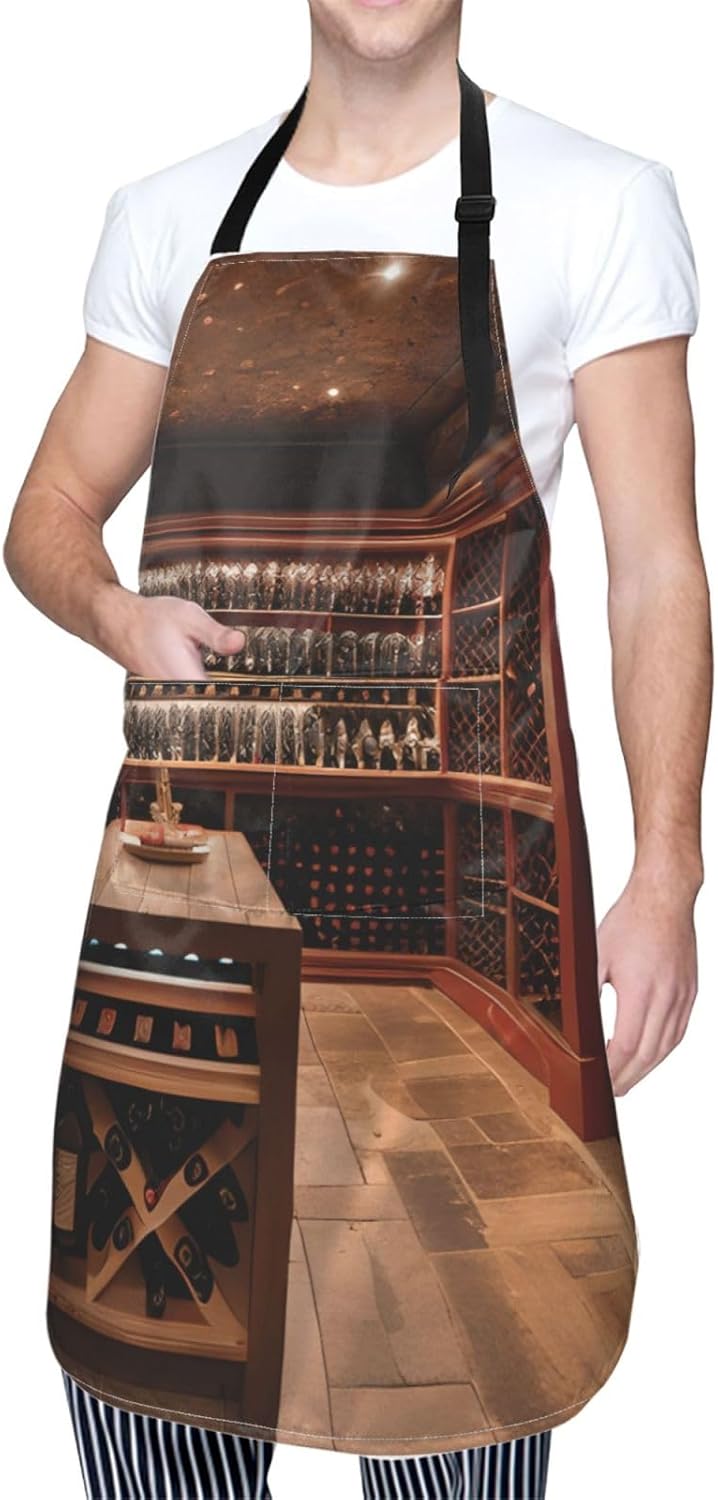 YANYU Red Wine Cellar Print 28x33 In Kitchen Apron Stylish Chef Apron with Pockets for Cooking Baking Painting