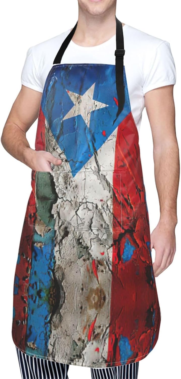 puerto rico wallpaper flag print Waterproof chef's apron with pocket apron for kitchen cooking baking barbecue and gardening