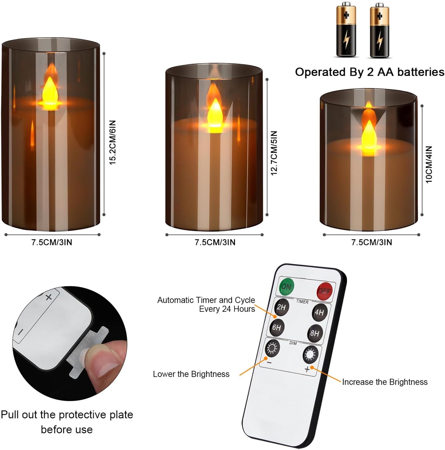 Flameless Candles 4" 5" 6" Set of 3 Acrylic Glass Pillars 3" Diameter