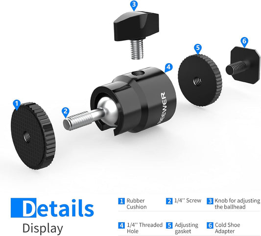 NEEWER Mini Ball Head with Cold Shoe & 1/4” Screw, 2 Pack, 360° Swivel 90° Tilt Ballhead Camera Mount Hot Shoe Adapter for Camera, Camcorder, Smartphone, LED Video Light, Microphone, Ring Light, ST17