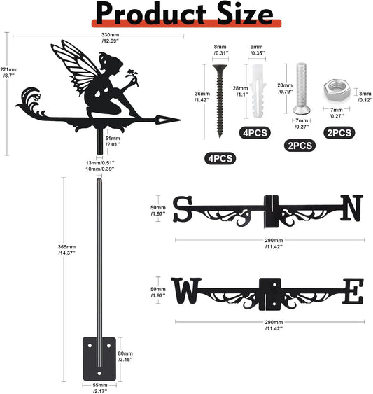 Fairy and Flower Weather Vane, Black Metal Weathervane Roof Mount, Win