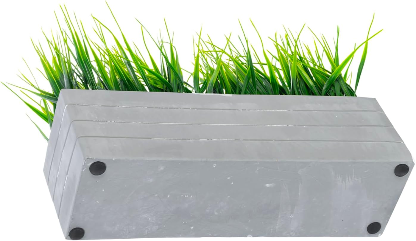 MyGift 15 Inch Artificial Green Grass Plants Potted in Ribbed Gray Concrete Planter Box, Tabletop Faux Greenery in Rectangular Cement Pot Centerpiece Décor