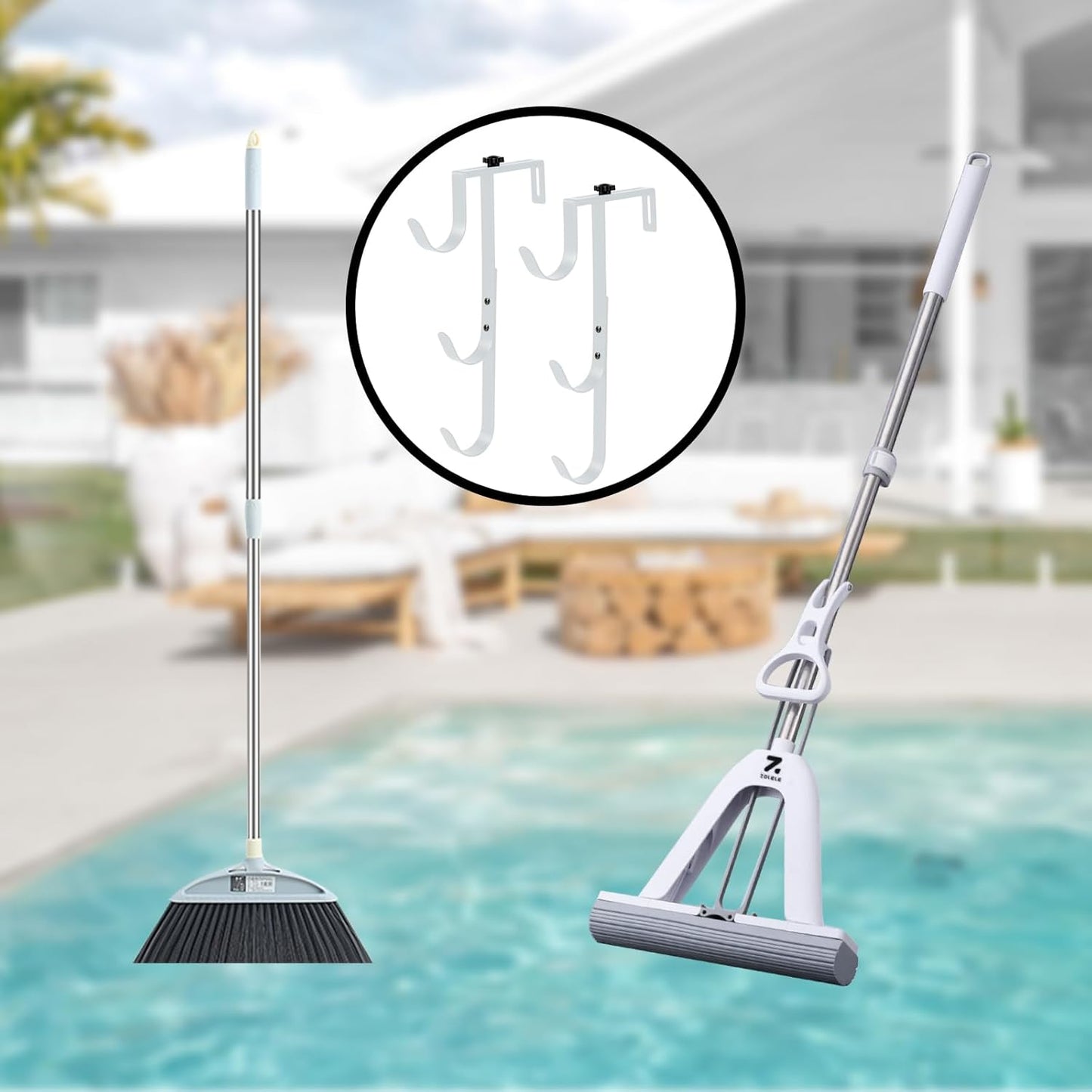 2Pcs White Pool Pole Hangers, Adjustable Heavy Duty Swimming Pool Fence Hooks for Pool Equipment, Skimmers, Leaf Rakes, Nets, Brushes, Vacuum Hose, Garden Tool Organizer