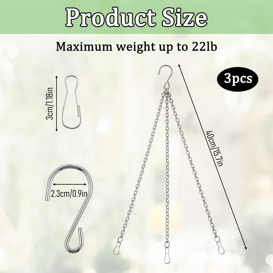 3Pcs 16 Inch Hanging Basket Chain with Hooks, Sliver Metal Flower Plant Pot Replacement Chains Hanger for Baskets Bird Feeders Planters Wind Chime Billboards