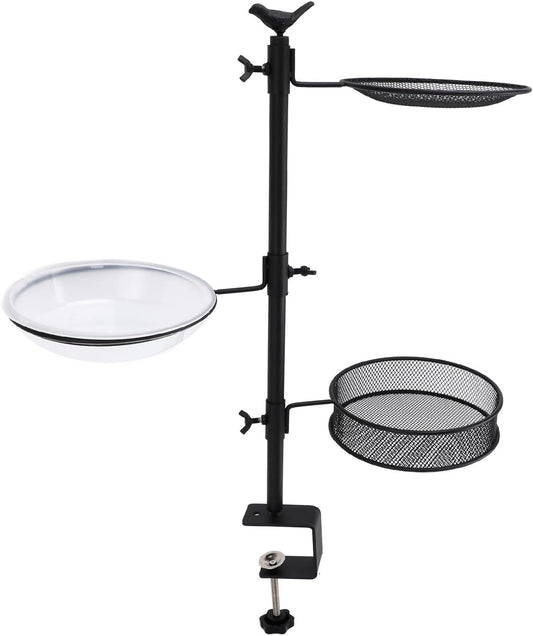 Deck Railing Bird Feeder Heavy Duty Metal Detachable Outdoor Balcony Three Trays Birdseed and Water Bath for Bird Lovers Garden Patio Deck