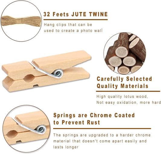 1.35 Inch Mini ClothesPins for Photo【100 Pcs】 with 32 Feet Jute Twine,Mini Clothes Pins for Crafts,Wooden Small Clothes Pins for Pictures,Tiny Decorative Clothespins for Baby Shower(Natural Color)