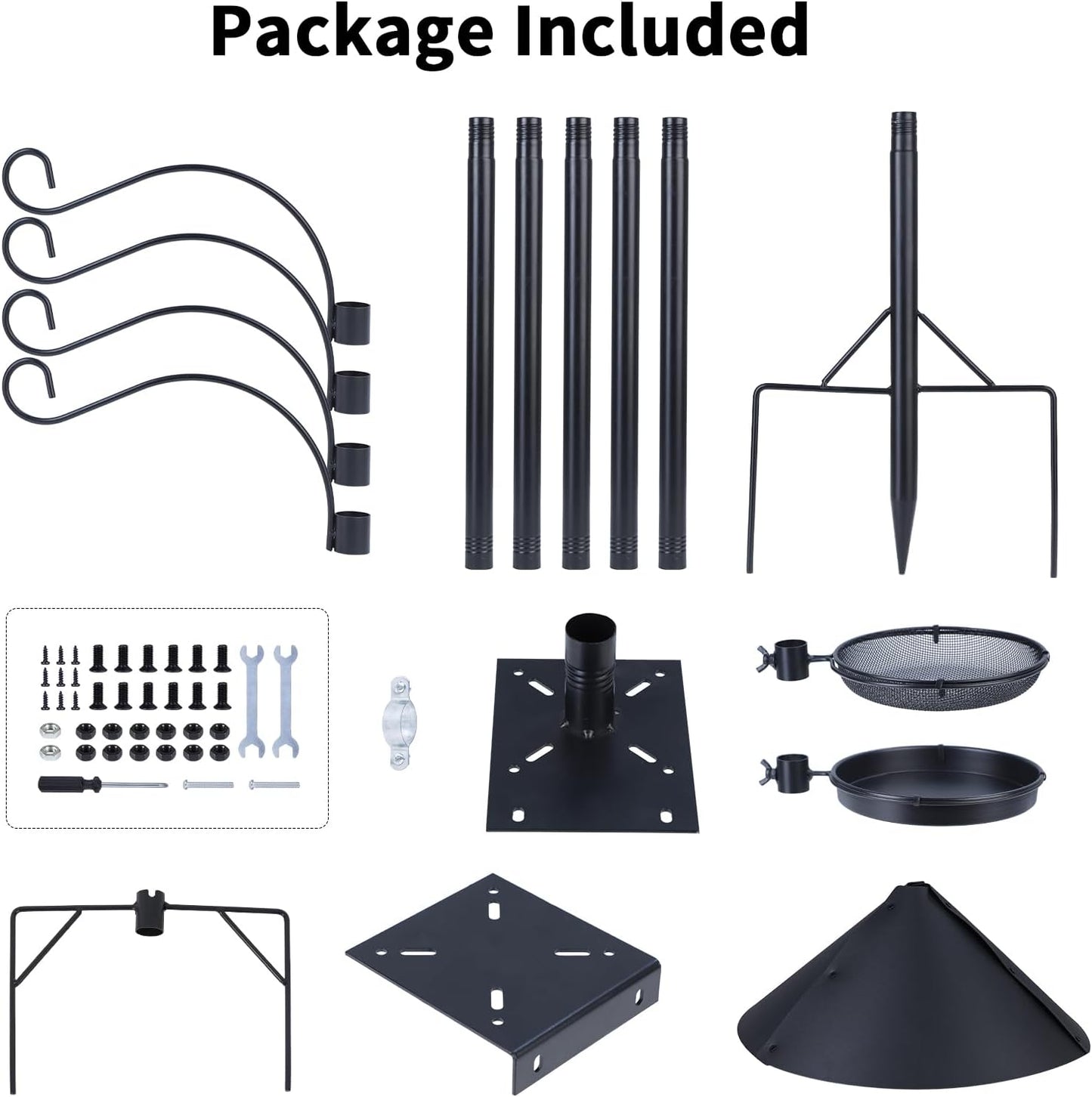 Bird Feeder Pole 4-in-1 with Squirrel Baffle, Metal Bird Feeders for Outdoors with Pole, Bath, Food Tray, 4 Hooks and Holds Cage 92 Inch