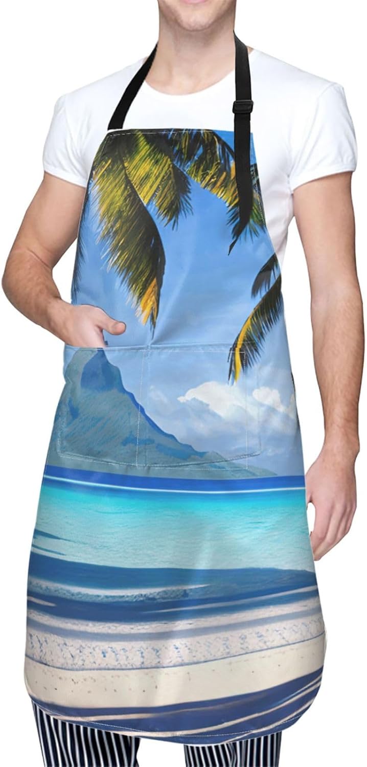 YANYU Tahiti Beaches Print 28x33 In Kitchen Apron Stylish Chef Apron with Pockets for Cooking Baking Painting