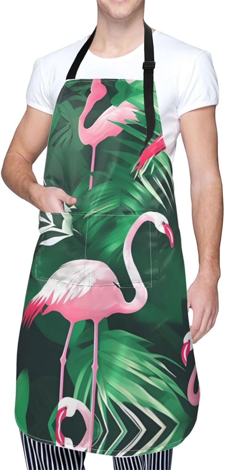 Flamingo bird green leaf print Waterproof chef's apron with pocket apron for kitchen cooking baking barbecue and gardening