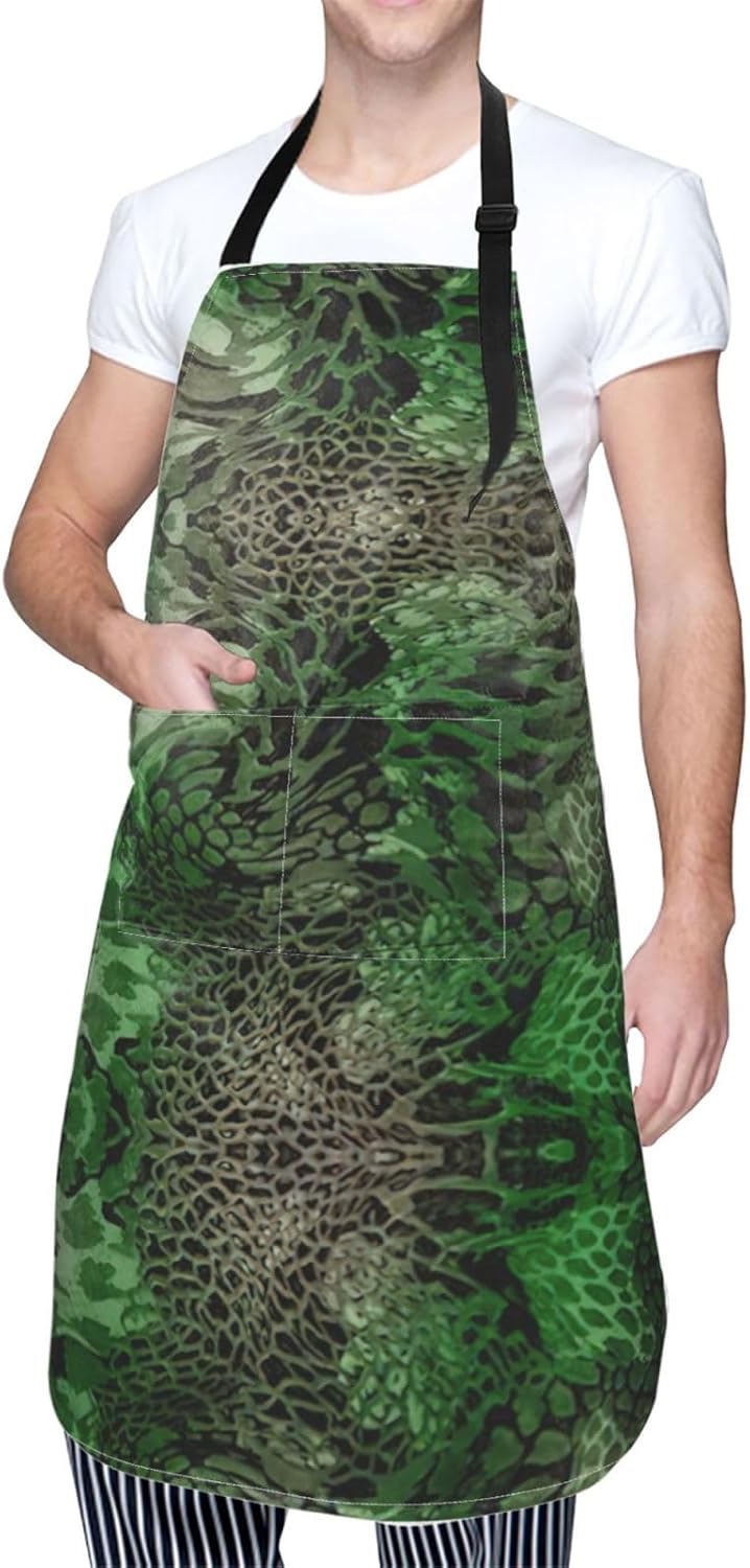 Green Snake Print 28x33 In Adult Kitchen Apron with Pockets Versatile Chef Smock for Cooking Baking