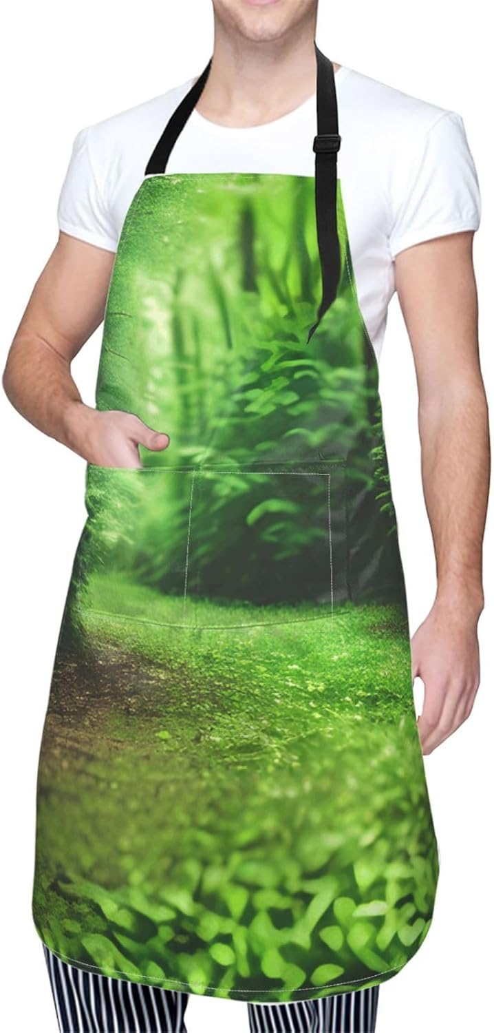 YANYU Green Nature Print 28x33 In Kitchen Apron Stylish Chef Apron with Pockets for Cooking Baking Painting