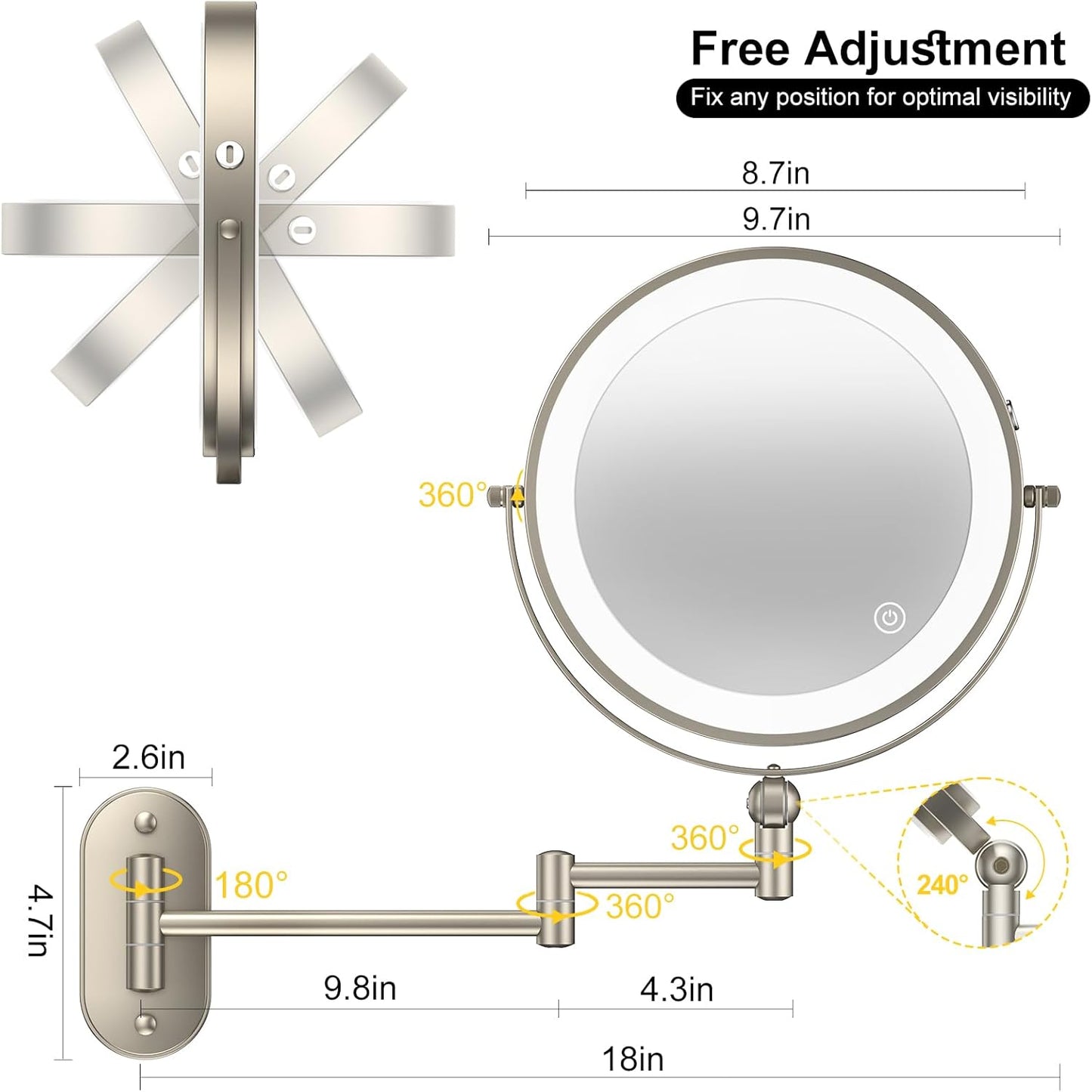 9" Wall Mounted Lighted Makeup Mirror,4000mAh Rechargeable Double Side