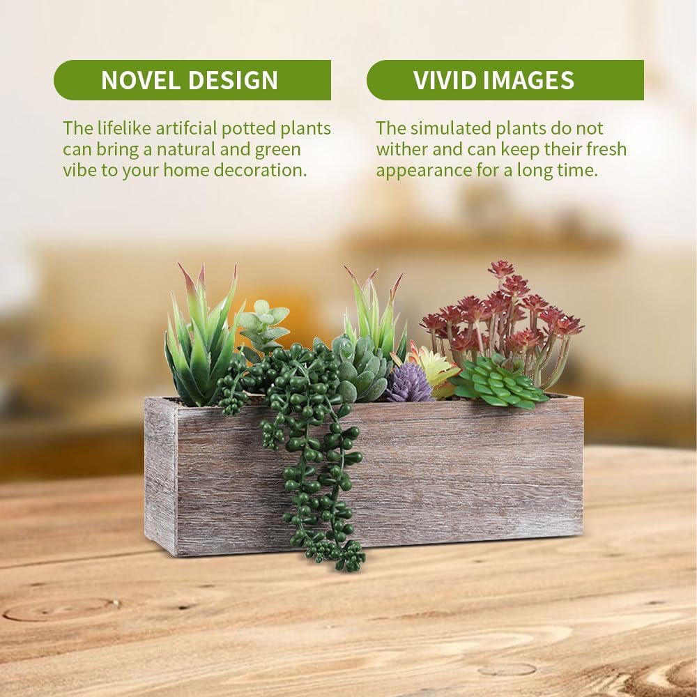 YZZY Artificial Succulents Plants, Small Assorted Green Fake Plants in Pots, Small Faux Succulents Plants with Wooden Planter Pot for Indoor Bathroom Home Office Living Room Table Decor (DM001, 1PCS)