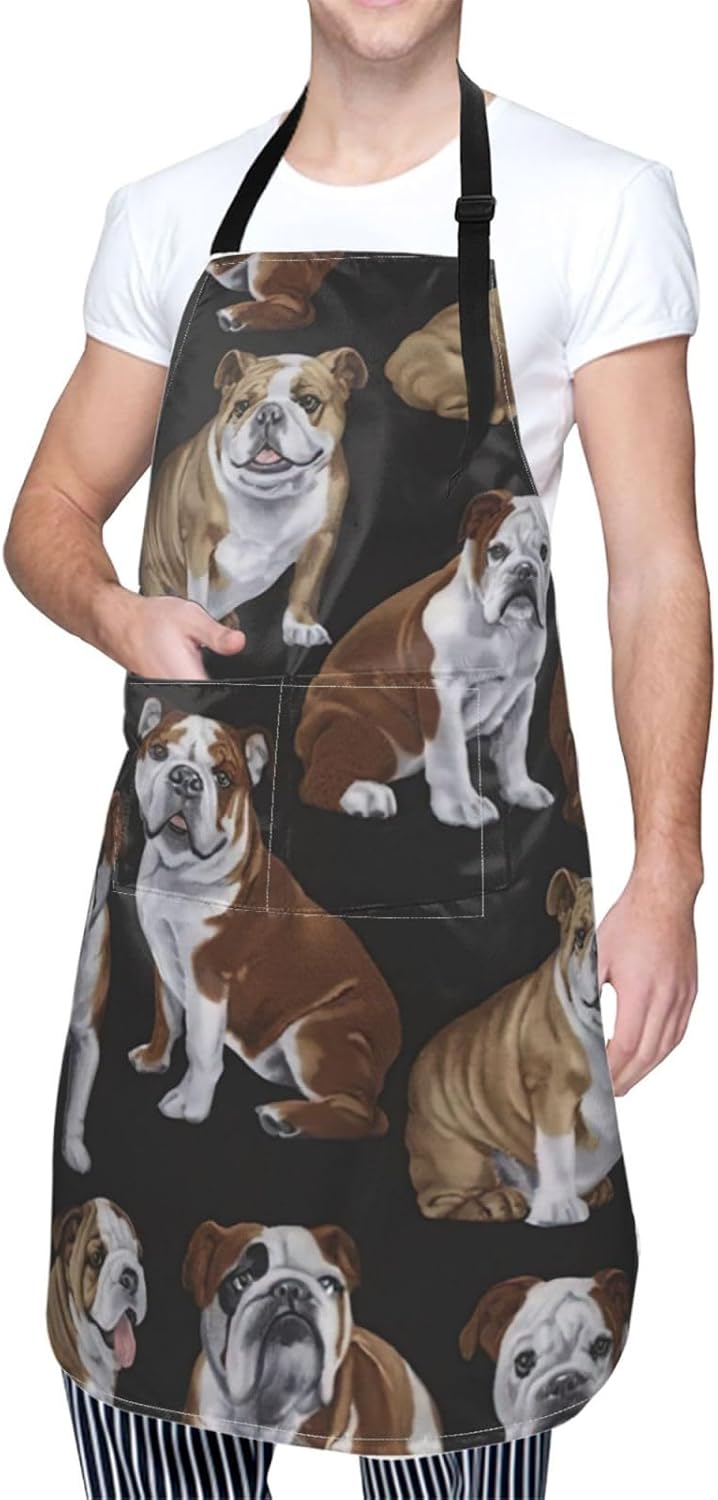 English Bulldogs print Waterproof apron with pocket adjustable cooking apron for adult kitchen bibs to bake