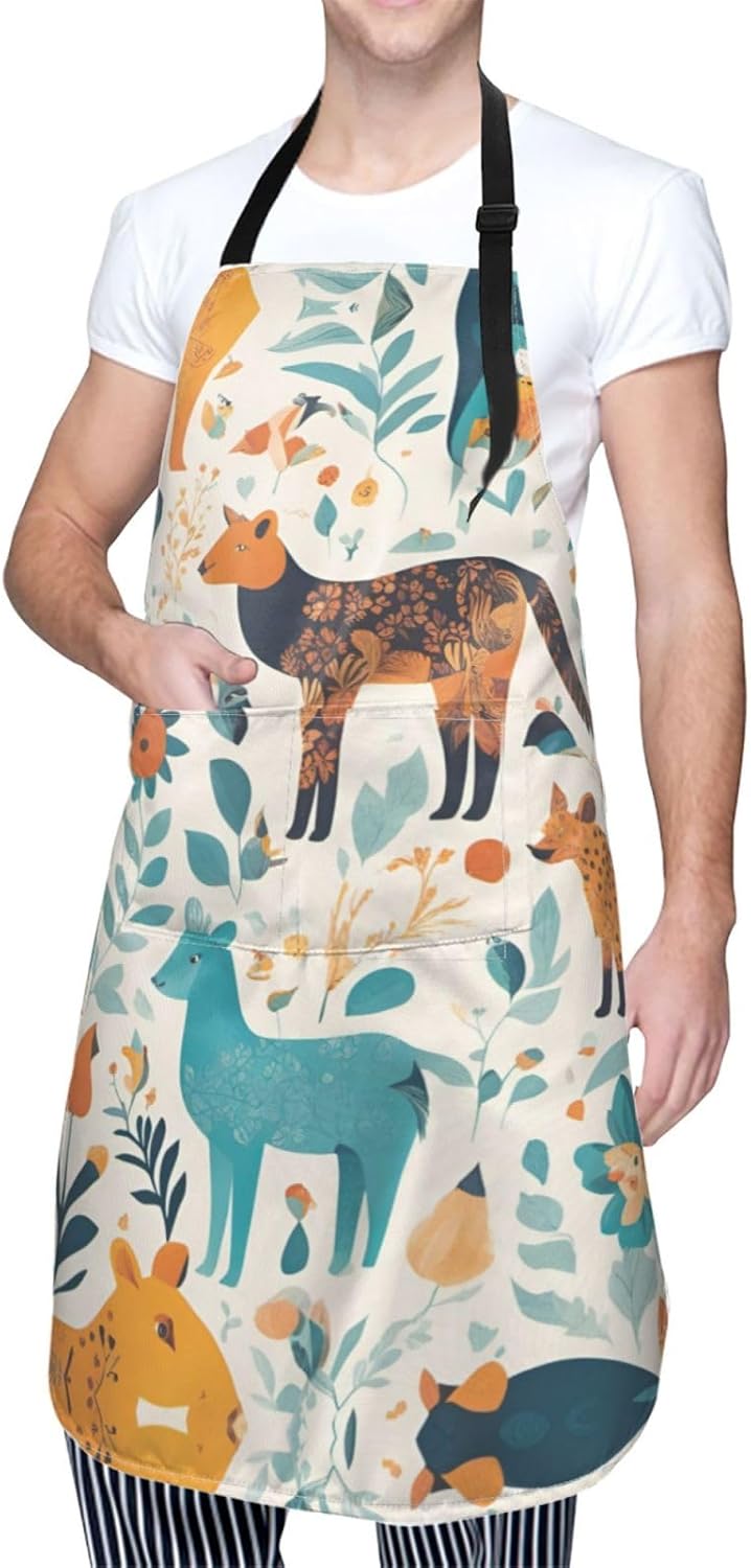 Cute Floral Animal Pattern 1 print Waterproof chef's apron with pocket apron for kitchen cooking baking barbecue and gardening