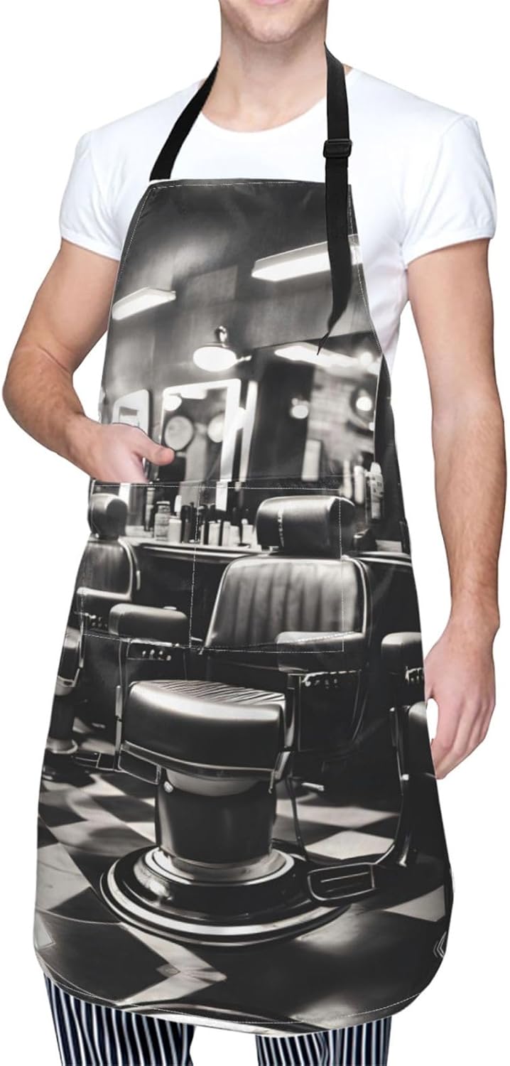 Barber Shop Monochrome Style Print Laundry apron 28x33 In Waterproof Kitchen Apron with Pockets for Cooking Baking