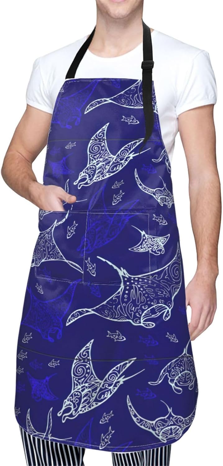 Manta Ray and Fish print Waterproof apron with pocket adjustable cooking apron for adult kitchen bibs to bake