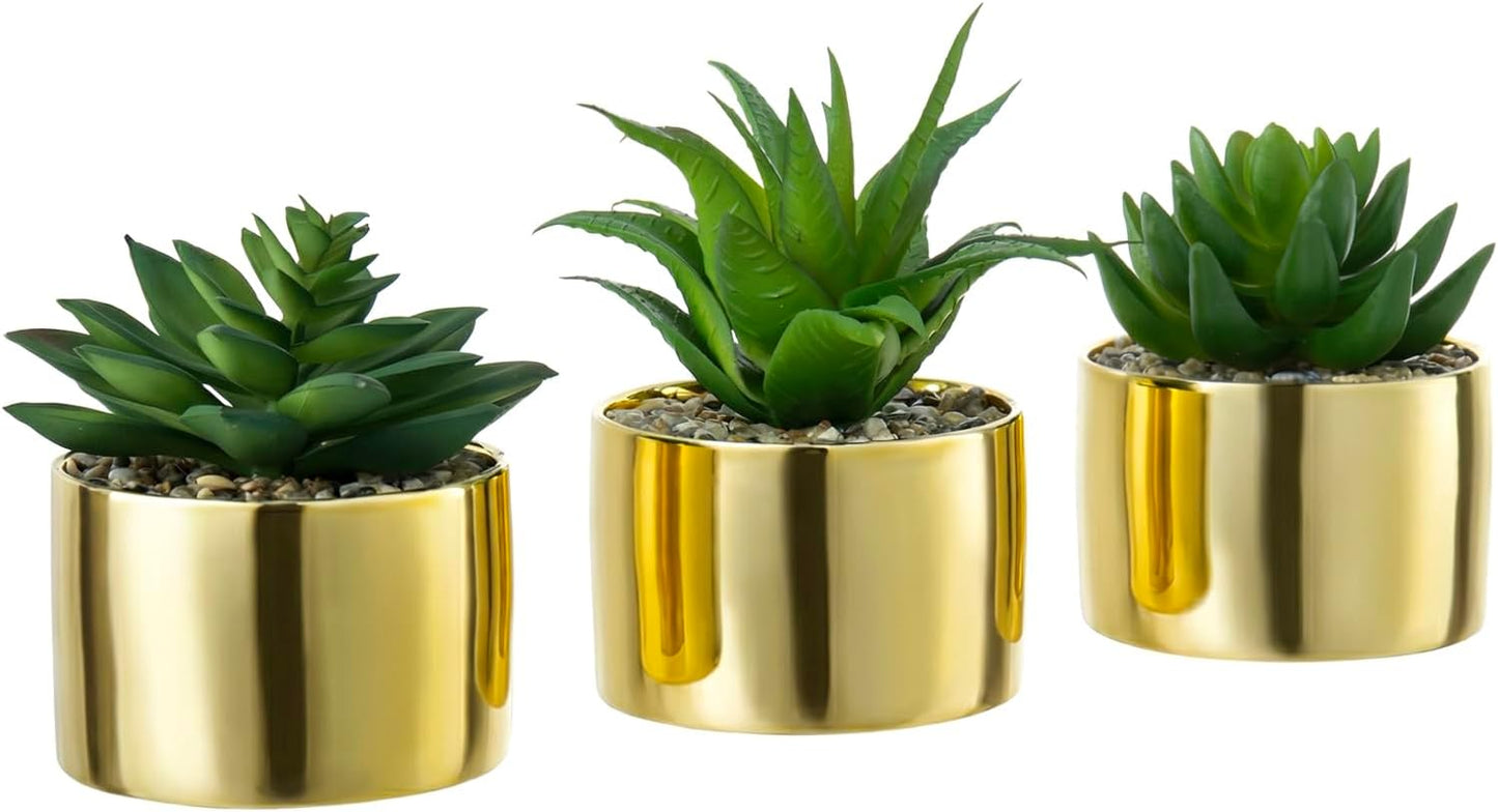 MyGift Set of 3 Artificial Succulent Decorations in Modern Brass-Tone Ceramic Planter Pots