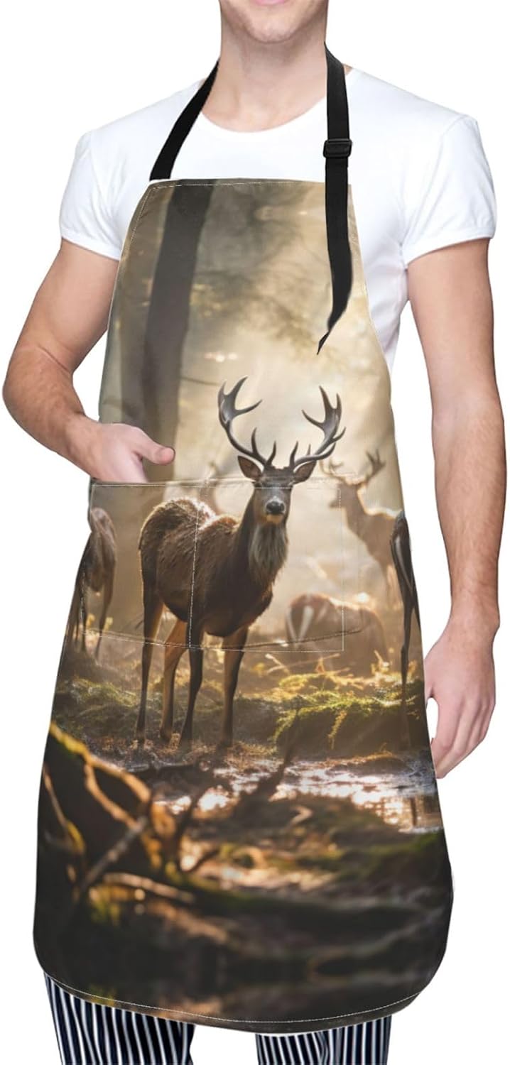 Deers Picture print Waterproof apron with pocket adjustable cooking apron for adult kitchen bibs to bake