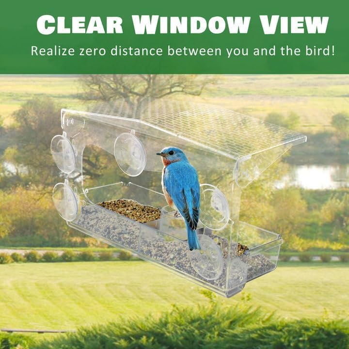 Clear Window Bird Feeder with 5 Extra Strong Suction Cups, Acrylic Wildlife Seed Feeder, as an Outdoor Transparent Bird Watching Gift, Easy-to-Clean, Garden Decor,Middle Size
