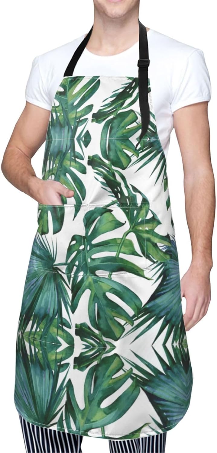 Green banana leaves print Waterproof apron with pocket adjustable cooking apron for adult kitchen bibs to bake