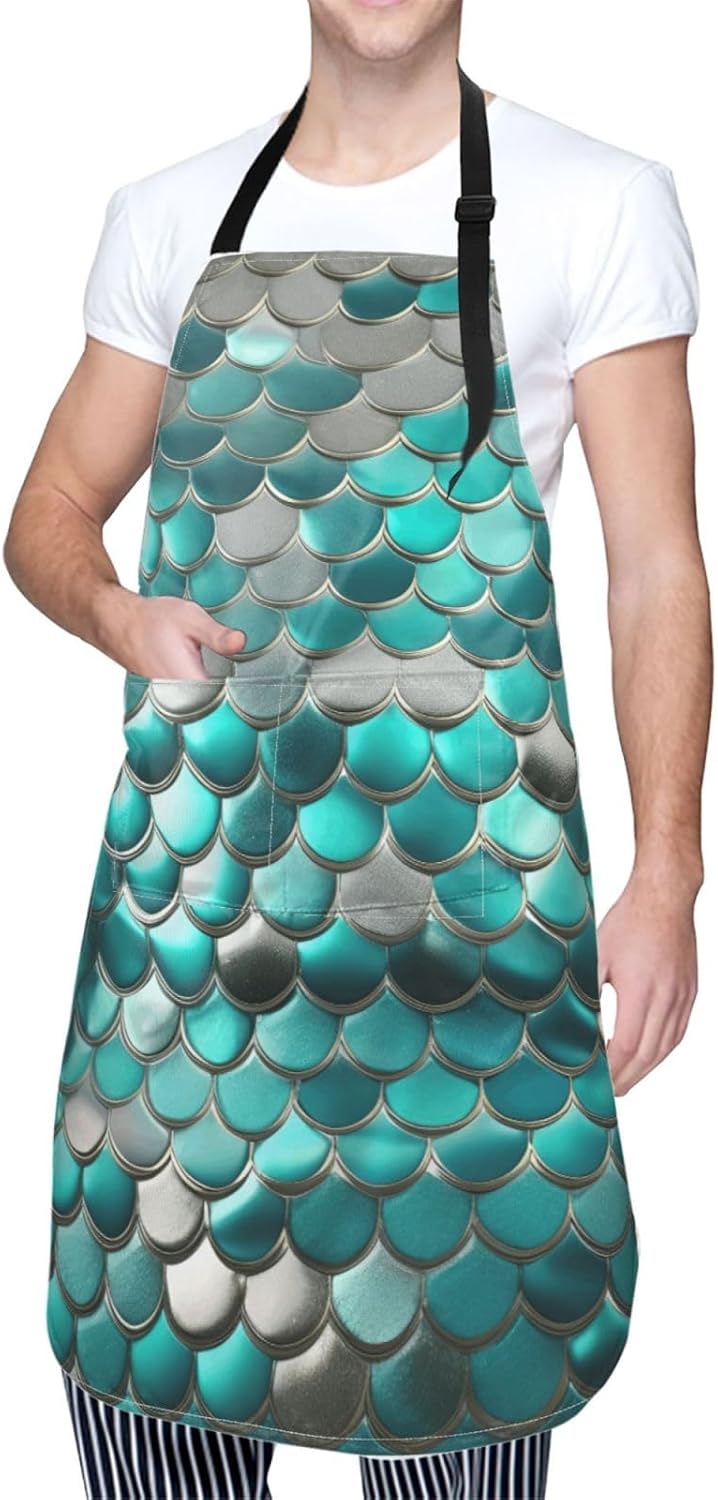 YANYU Mermaid Scale Print 28x33 In Kitchen Apron Stylish Chef Apron with Pockets for Cooking Baking Painting